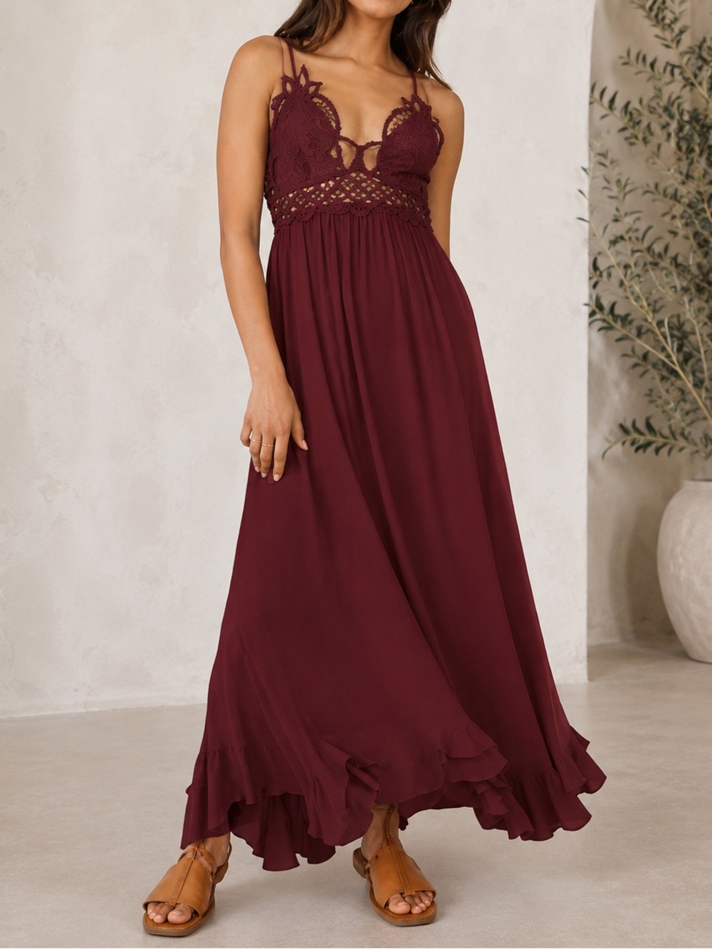 Vine and Valley Maroon Red Adella Crochet Bra Top Boho Beachy Maxi Dress